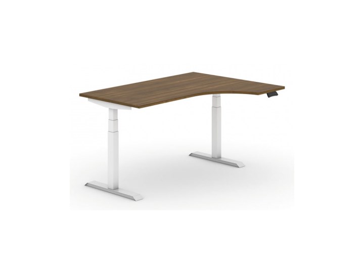 Biurko z elektryczną regulacją wysokości, 625-1275 mm, ergonomiczne prawe, blat 1600x1200 mm, orzech, biała podstawa