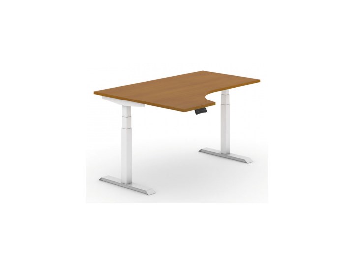 Biurko z elektryczną regulacją wysokości, 625-1275 mm, ergonomiczne lewe, blat 1600x1200 mm, czereśnia, biała podstawa