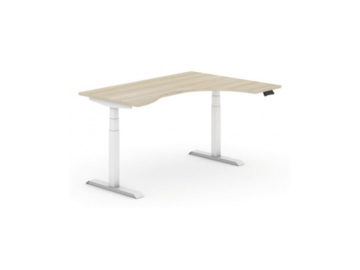 Biurko z elektryczną regulacją wysokości, 625-1275 mm, ergonomiczne prawe, blat 1600x1200 mm, dąb, biała podstawa