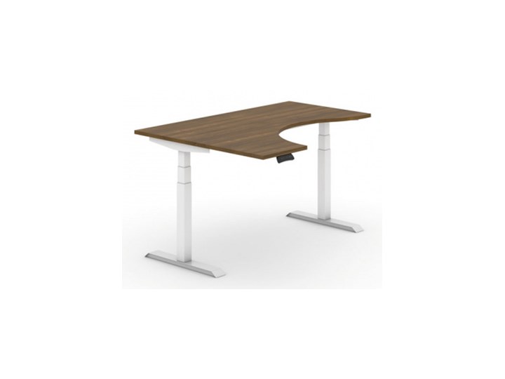 Biurko z elektryczną regulacją wysokości, 625-1275 mm, ergonomiczne lewe, blat 1600x1200 mm, orzech, biała podstawa