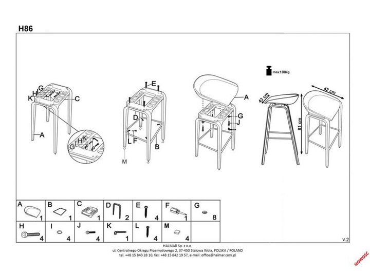 Nowoczesny hoker w stylu skandynawskim H86 Głębokość 42 cm Hoker inspirowany Kategoria Krzesła kuchenne