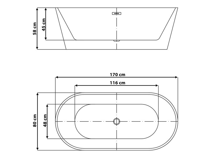 Wanna wolnostojąca biała akrylowa 170 x 80 cm system przelewowy owalna nowoczesna Długość 170 cm Wolnostojące Kolor Biały
