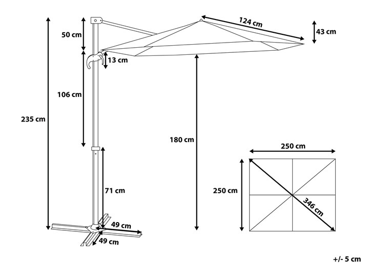 Parasol ogrodowy jasnobeżowy na wysięgniku 250 x 250 cm podwieszany ciemnoszara aluminiowa rama Kolor Szary