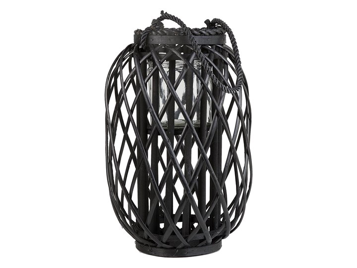 Lampion dekoracyjny czarny drewniany 40 cm ozdoba latarenka na świeczkę MAURITIUS Drewno Szkło Kategoria Świeczniki i świece