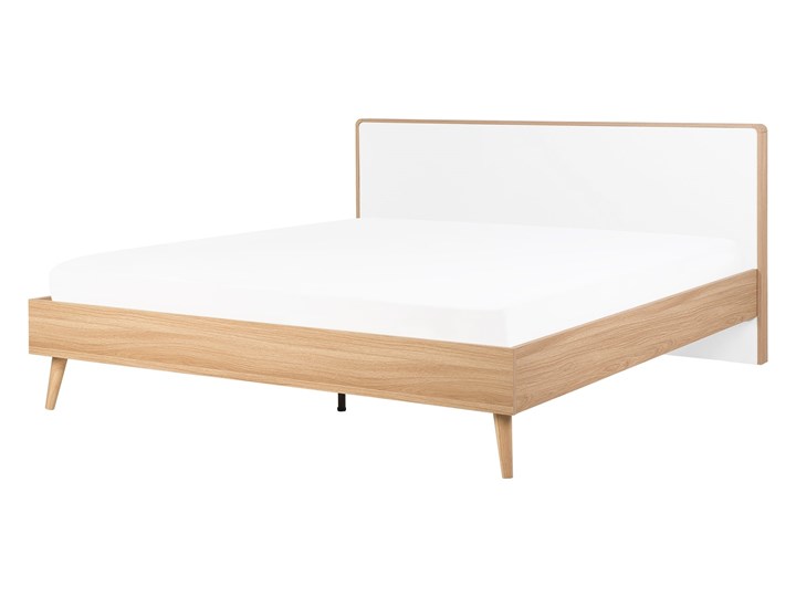 Łóżko białe jasne drewno 180 x 200 cm z ramą stelażem i zagłówkiem skandynawski design minimalistyczne Kategoria Łóżka do sypialni Łóżko drewniane Kolor Beżowy