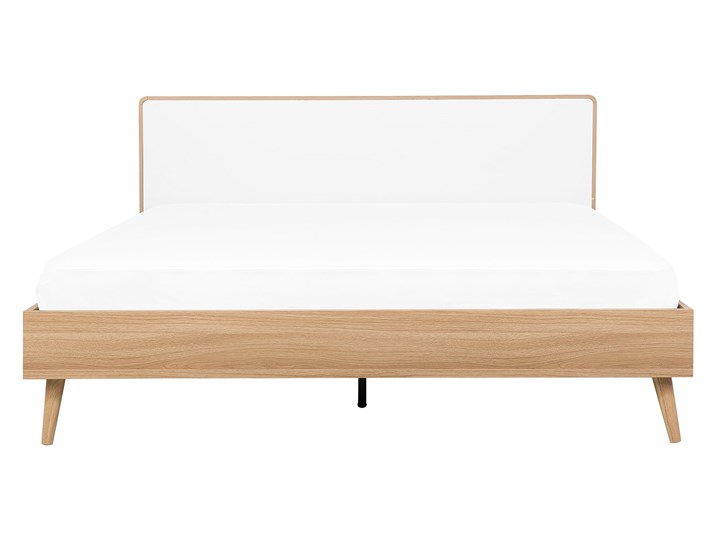 Łóżko białe jasne drewno 180 x 200 cm z ramą stelażem i zagłówkiem skandynawski design minimalistyczne Łóżko drewniane Kategoria Łóżka do sypialni Kolor Beżowy