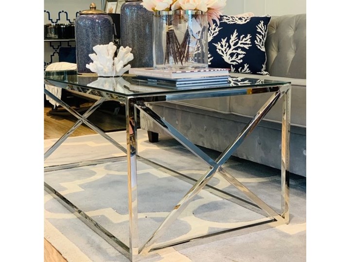 STOLIK KAWOWY METALOWY SREBRNY W STYLU NOWOJORSKIM WYBIERZ ROZMIAR ” MONTEGO ” 110x60x60H cm Zestaw stolików Stal Wysokość 50 cm Szkło Ława Styl Nowoczesny Rozmiar blatu 60x110 cm