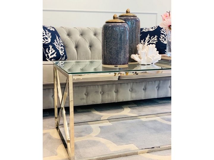 STOLIK KAWOWY METALOWY SREBRNY W STYLU NOWOJORSKIM WYBIERZ ROZMIAR ” MONTEGO ” 110x60x60H cm Zestaw stolików Wysokość 50 cm Szkło Ława Stal Rozmiar blatu 60x110 cm
