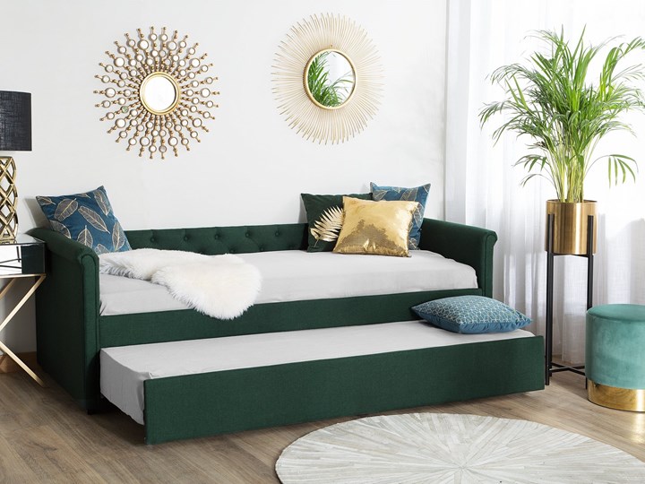 Łóżko dziecięce wysuwane ze stelażem ciemnozielone tapicerowane tkaniną pikowane oparcie 90 x 200 cm Tworzywo sztuczne Kolor Zielony Drewno Rozmiar materaca 90x200 cm