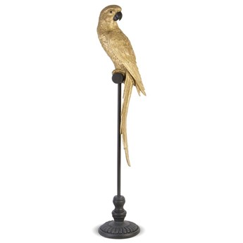ZŁOTA PAPUGA SIEDZĄCA wysoka figurka, papuga na długim stojaku, wys. 102 cm