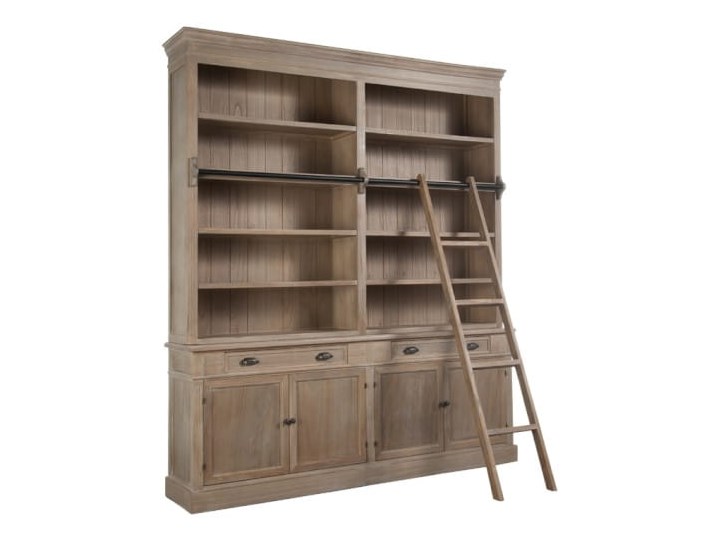 Biblioteka, regał z drabiną z dwoma szufladami, drewno, 232x200x41 cm (JL9461)