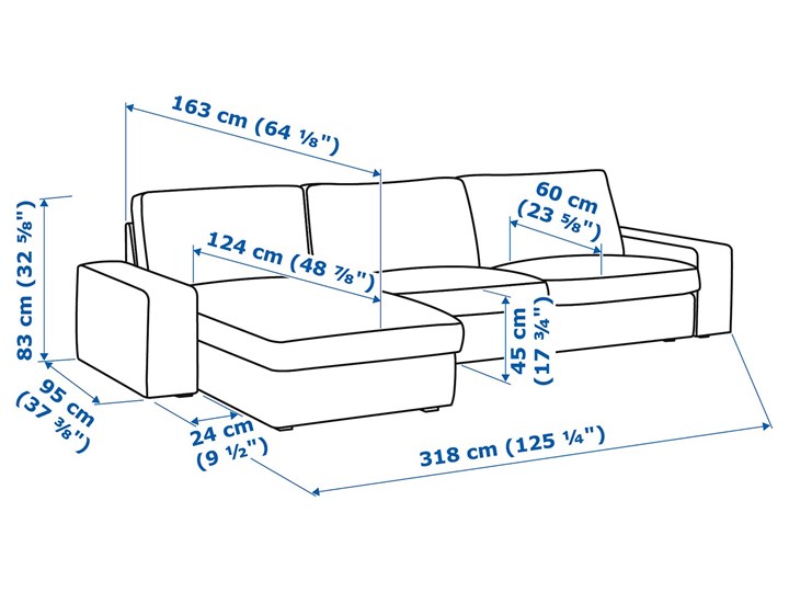 KIVIK Sofa 4-osobowa Wysokość 83 cm Wysokość 45 cm W kształcie L Stała konstrukcja Szerokość 318 cm Wykonanie siedziska Pianka