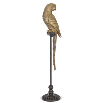 ZŁOTA PAPUGA SIEDZĄCA figurka, papuga na długim stojaku wys. 65 cm