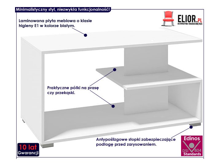 Prostokątna biała ława Luna Stolik Wysokość 55 cm Płyta MDF Styl Skandynawski