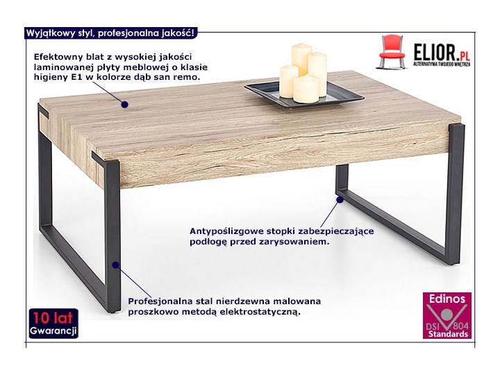Ława Prima - dąb san remo Stal Długość 110 cm Szerokość 64 cm Wysokość 42 cm Rodzaj nóg Płozy