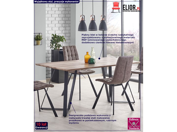 Prostokątny stół Hugo - orzech rustykalny Wysokość 76 cm Stal Drewno Płyta MDF Szerokość 90 cm Długość 90 cm Długość 180 cm Styl Industrialny