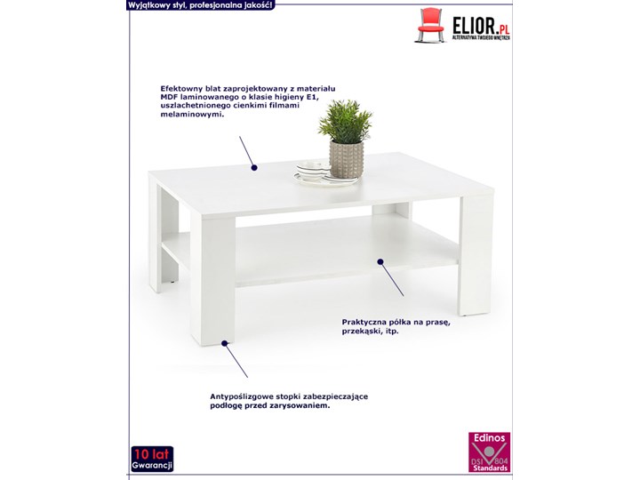 Minimalistyczna biała ława Keli Kształt blatu Prostokątne Płyta MDF Wysokość 53 cm Długość 110 cm Szerokość 65 cm Styl Nowoczesny