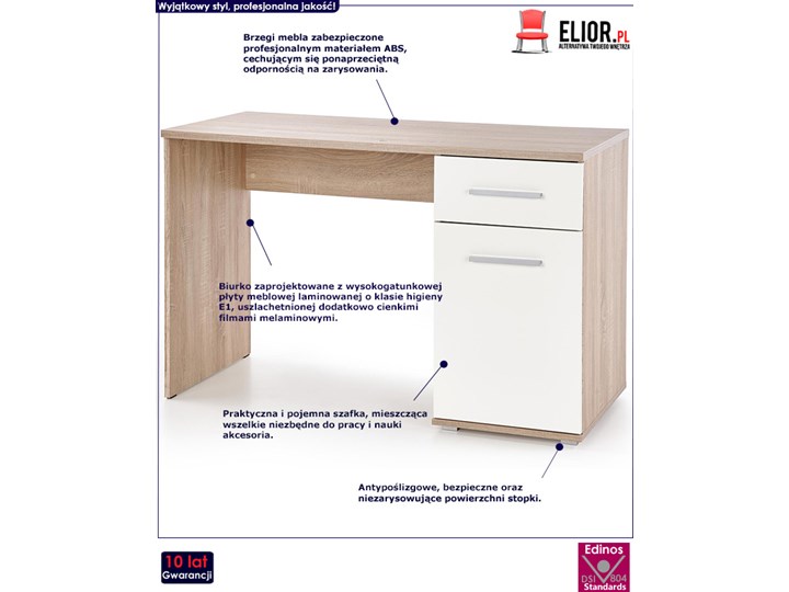 Nowoczesne biurko Lines - dąb sonoma - białe Głębokość 55 cm Styl Skandynawski Szerokość 120 cm Kolor Beżowy