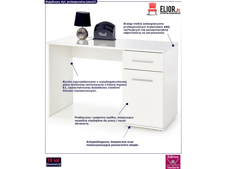Modne biurko Lines - białe Płyta meblowa Szerokość 120 cm Głębokość 55 cm Styl Skandynawski Kolor Biały