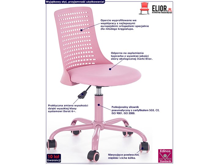 Obrotowy fotel dla dziewczynki Moli - różowy Wysokość 78 cm Szerokość 43 cm Wysokość 89 cm Tkanina Styl Nowoczesny