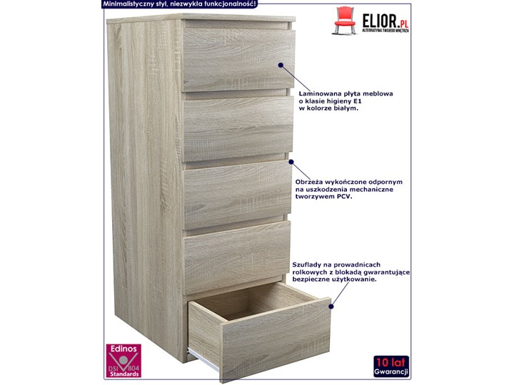 Wysoka komoda Luvia - dąb sonoma Drewno Wysokość 111 cm Kategoria Komody Głębokość 45 cm Z szufladami Pomieszczenie Salon