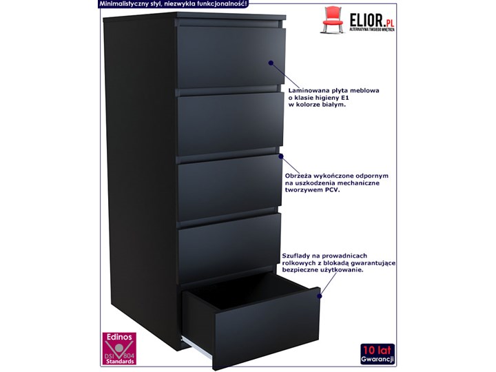 Wysoka komoda Luvia - czarna Wysokość 111 cm Styl Minimalistyczny Z szufladami Głębokość 45 cm Pomieszczenie Pokój nastolatka