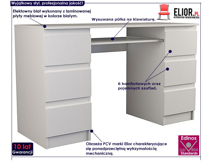 Białe biurko komputerowe - Liner 2X Kolor Biały Płyta meblowa Głębokość 130 cm Głębokość 50 cm Styl Nowoczesny