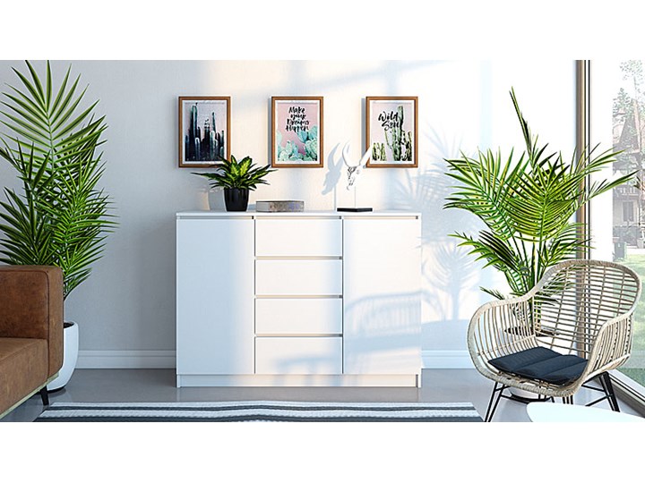 Komoda Intia 2X - biała Wysokość 97 cm Szerokość 40 cm Z szafkami i szufladami Styl Minimalistyczny