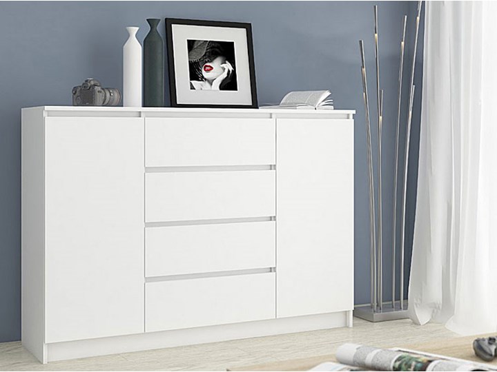 Komoda Intia 2X - biała Pomieszczenie Pokój nastolatka Z szafkami i szufladami Wysokość 97 cm Szerokość 40 cm Styl Nowoczesny