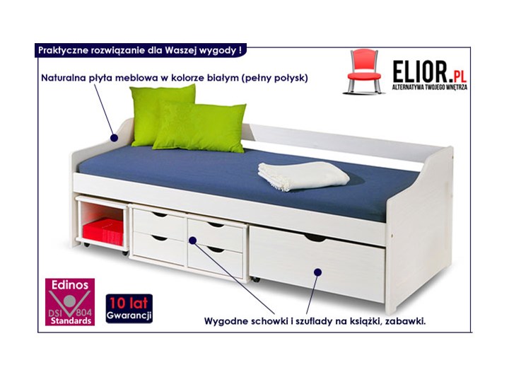 Jednoosobowe łóżko z szufladami Nixer - białe Tradycyjne Płyta MDF Rozmiar materaca 90x200 cm Kolor Biały