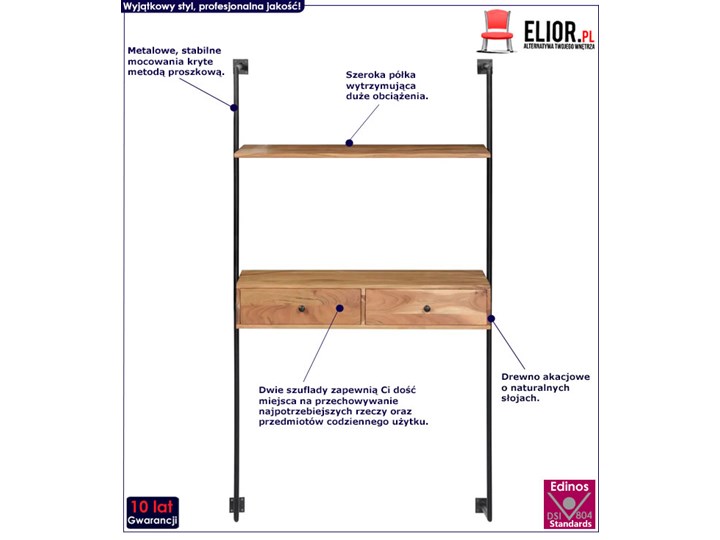 Drewniane biurko ścienne Tant - brązowe Szerokość 40 cm Drewno Szerokość 90 cm Styl Industrialny