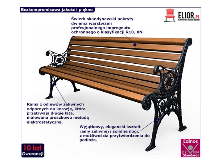 Żeliwna ławka parkowa z ornamentem Drewno Długość 150 cm Z oparciem Stal Kolor Brązowy