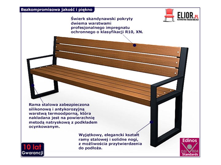 Stalowa ławka parkowa z oparciem Valkiria 4V Kategoria Ławki ogrodowe Długość 162 cm Kolor Brązowy