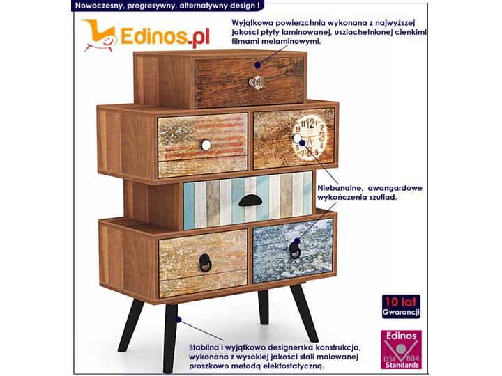 Alternatywna komoda na nóżkach Dizo X5 Głębokość 29 cm Wysokość 85 cm Kolor Brązowy Z szufladami Styl Vintage