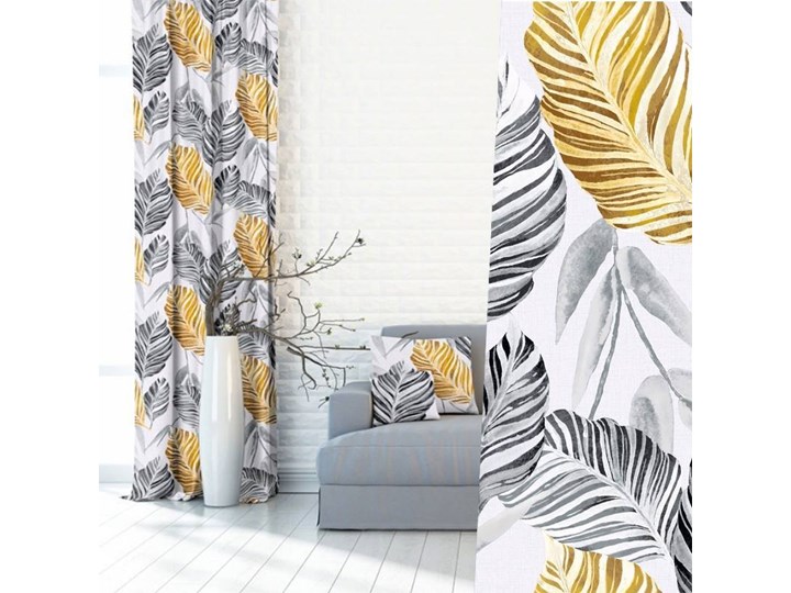 MODNE ZASŁONY W LIŚCIE PAPROCI 380392_2005 MUSZTARDOWE SZARE 145x250 cm Poliester Zasłona zaciemniająca Kolor Biały
