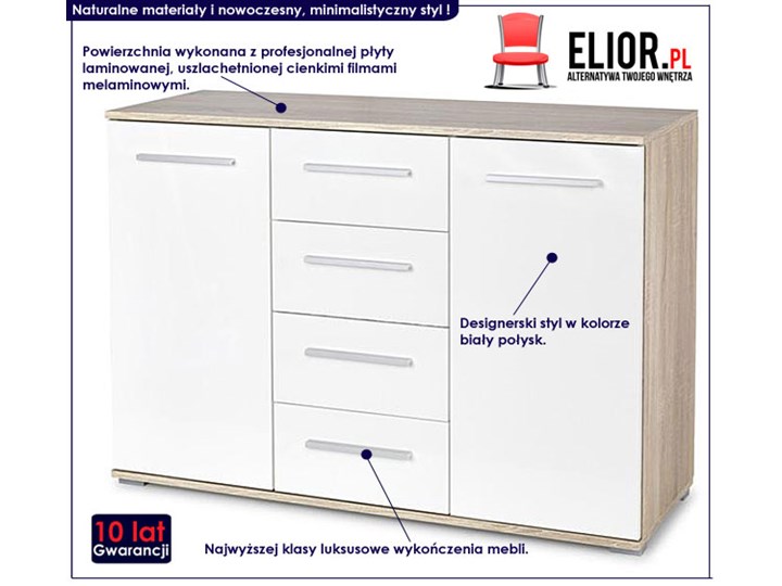 Komoda Lines C3 - biała + dąb sonoma Z szafkami i szufladami Drewno Kategoria Komody Wysokość 82 cm Szerokość 116 cm Styl Minimalistyczny