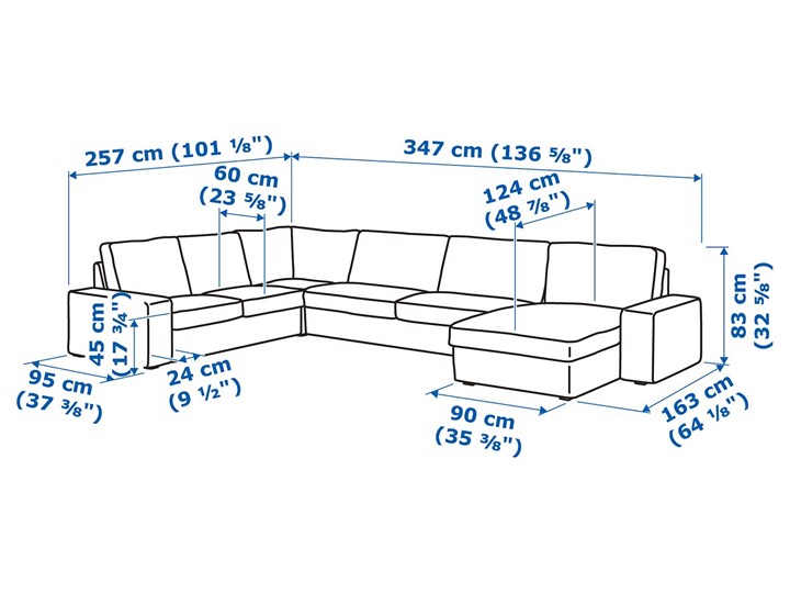 KIVIK Sofa narożna 5-osobowa Wysokość 45 cm Szerokość 347 cm Szerokość 257 cm Stała konstrukcja Wysokość 83 cm Typ Gładkie