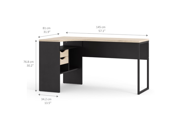 Biurko narożne Function 118 czarny mat / dąb sonoma Głębokość 81 cm Biurko z nadstawką Metal Szerokość 145 cm Drewno Styl Nowoczesny