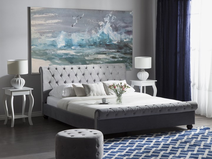 Łóżko ze stelażem szare welurowe 180 x 200 cm z zagłówkiem pikowane styl glamour Łóżko tapicerowane Kolor Szary