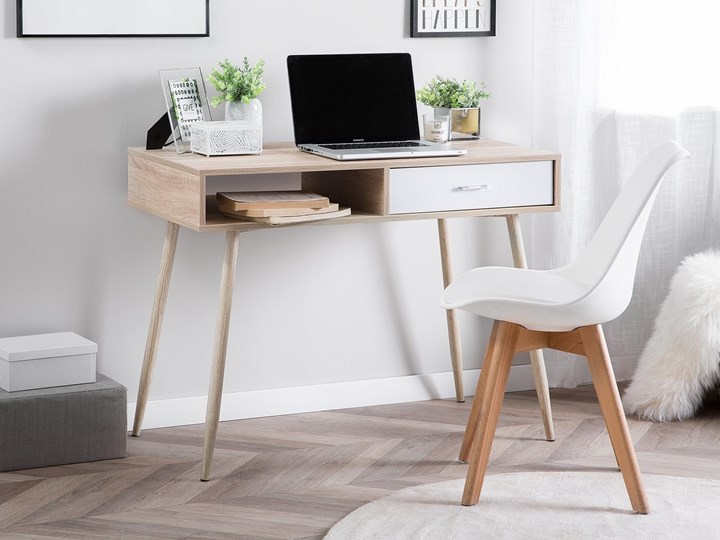 Biurko jasnobrązowe 100 x 48 cm w stylu skandynawskim z szufladami pod laptop Stal Drewno Szerokość 100 cm Biurko konsola Płyta MDF Kolor Brązowy