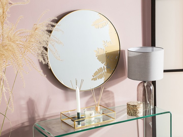 Okrągłe lustro ścienne złote metalowa rama 56 cm wzór liści łazienka salon styl retro Lustro z ramą Kategoria Lustra