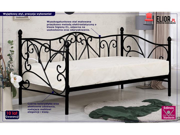 Pojedyncze metalowe łóżko jednoosobowe Dolie 90x200 - czarne Rozmiar materaca 100x200 cm Tradycyjne Rozmiar materaca 90x200 cm
