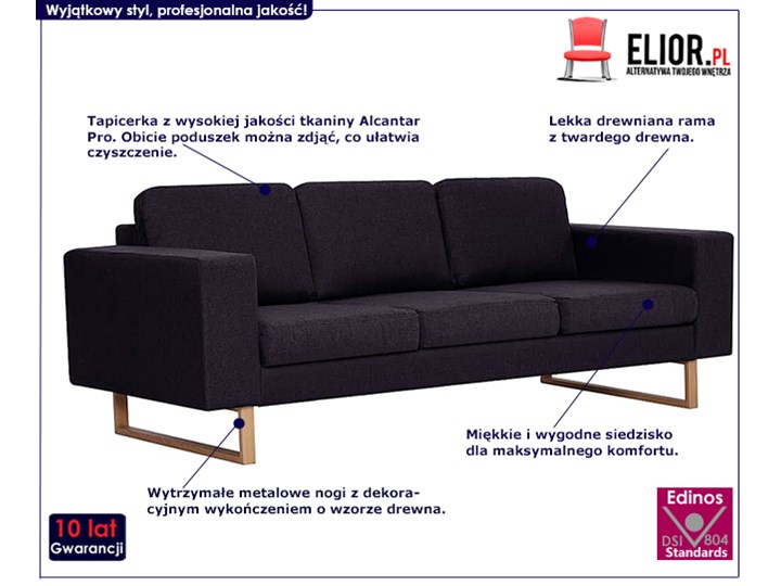 Elegancka trzyosobowa sofa Williams 3X - czarna Kolor Czarny Szerokość 82 cm Stała konstrukcja Kategoria Sofy i kanapy