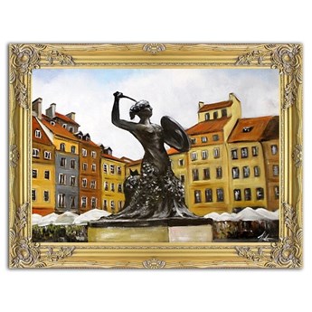 POMNIK SYRENY W WARSZAWIE obraz ręcznie malowany w złotej dekoracyjnej ramie, 64x84 cm