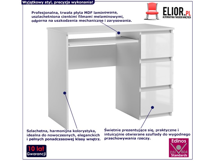 Lakierowane białe biurko - Aglo Szerokość 90 cm Głębokość 50 cm Styl Nowoczesny