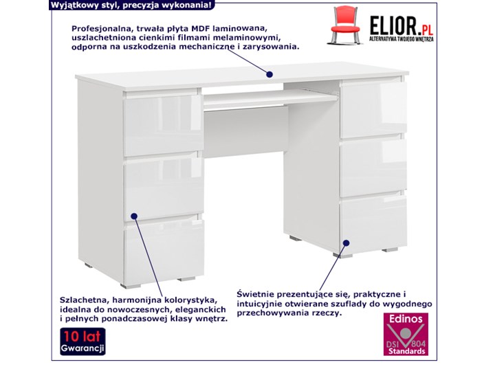 Lakierowane białe biurko - Aglo 2X Szerokość 130 cm Kolor Biały Głębokość 50 cm Styl Nowoczesny