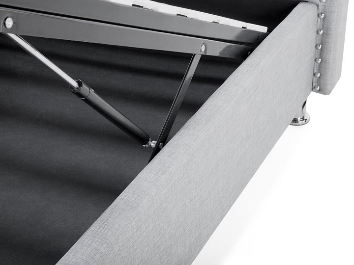 Łóżko szare tapicerowane 90 x 200 cm z pojemnikiem i stelażem ozdobne wezgłowie z kryształkami i ćwiekami Kategoria Łóżka do sypialni Łóżko tapicerowane Kolor Szary