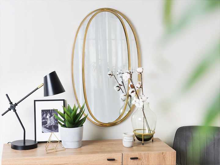 Lustro ścienne wiszące owalne złote 90 x 55 cm dekoracja ścienna do salonu glamour Pomieszczenie Przedpokój Kolor Złoty
