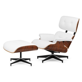 Fotel Lucera XL z podnóżkiem insp. Lounge Chair Biała Skóra Brazylijski palisander Czarna-z-chromowanymi-grzbietami