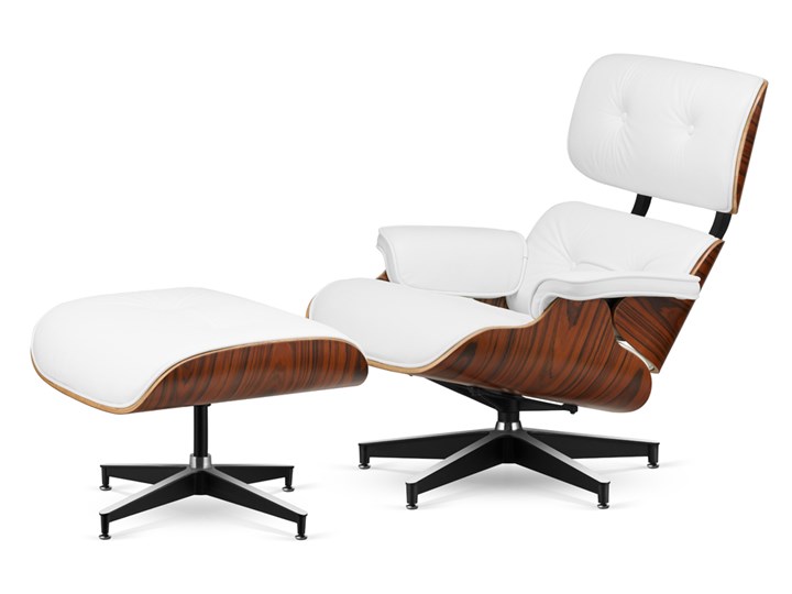 Fotel Lucera z podnóżkiem insp. Lounge Chair Eames Biała Skóra - Biały, brazylijski palisander, Czarny